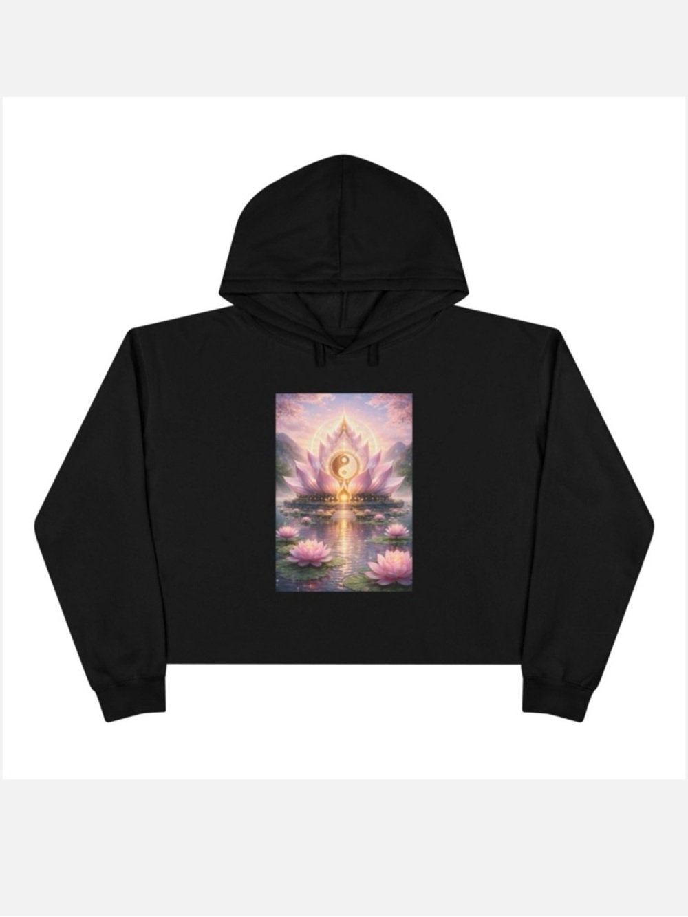 Lotus Yin Yang Art Print Crop Top Hoodie - Black